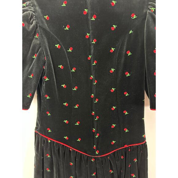 VTG Jan Briggs Size Small Medium Embroidered Roses Black Velvet Dress Retro 90s - Picture 5 of 13